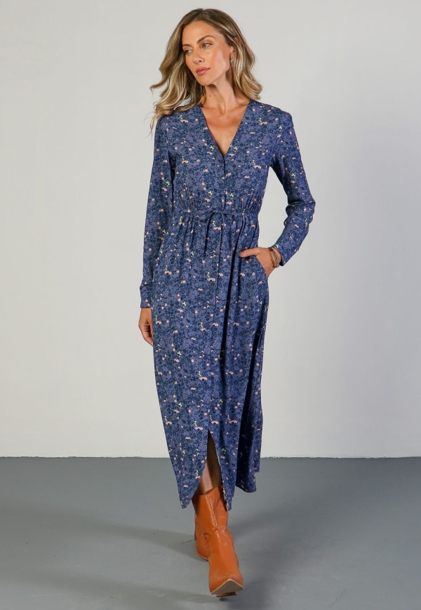 Encontraproduto.com.br - Vestido Midi com Amarração em Viscose Floral Marinho