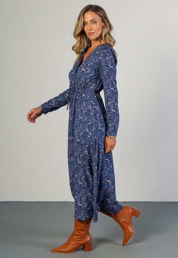 Encontraproduto.com.br - Vestido Midi com Amarração em Viscose Floral Marinho