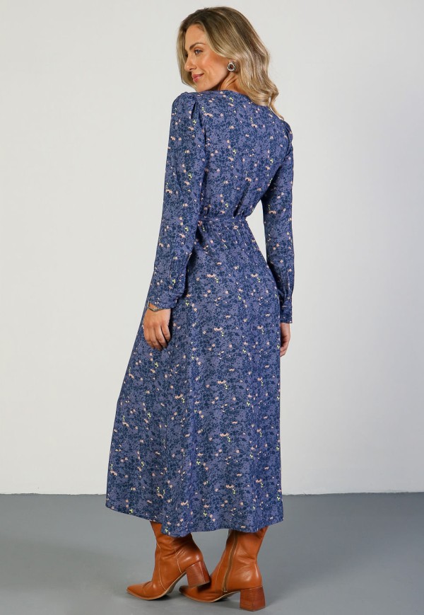 Encontraproduto.com.br - Vestido Midi com Amarração em Viscose Floral Marinho