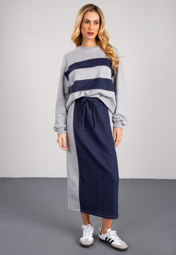 Encontraproduto.com.br - Saia Midi com Recorte em Moletinho Jeans e Moletom Peluciado Cinza