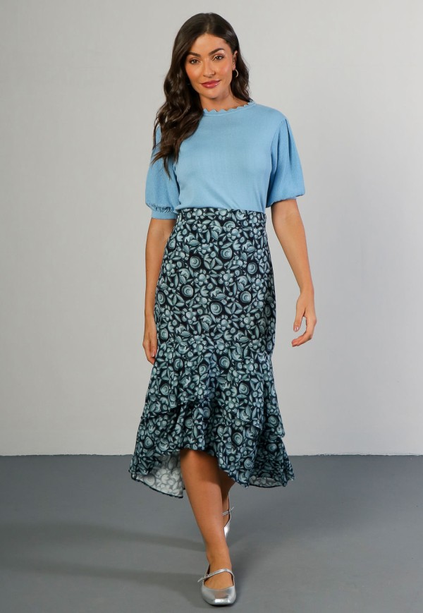 Saia Midi com Babados em Viscose Floral Azul e Preto