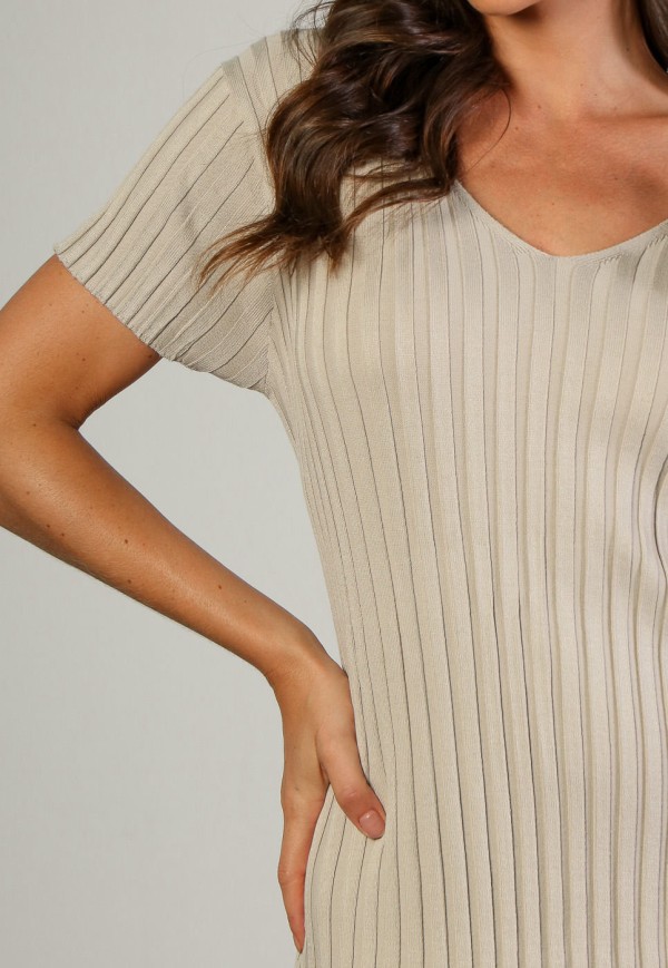 Encontraproduto.com.br - Vestido Midi Decote V em Tricot Canelado Cinza