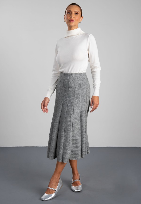 Encontraproduto.com.br - Saia Midi em Tricot Ondas Cinza
