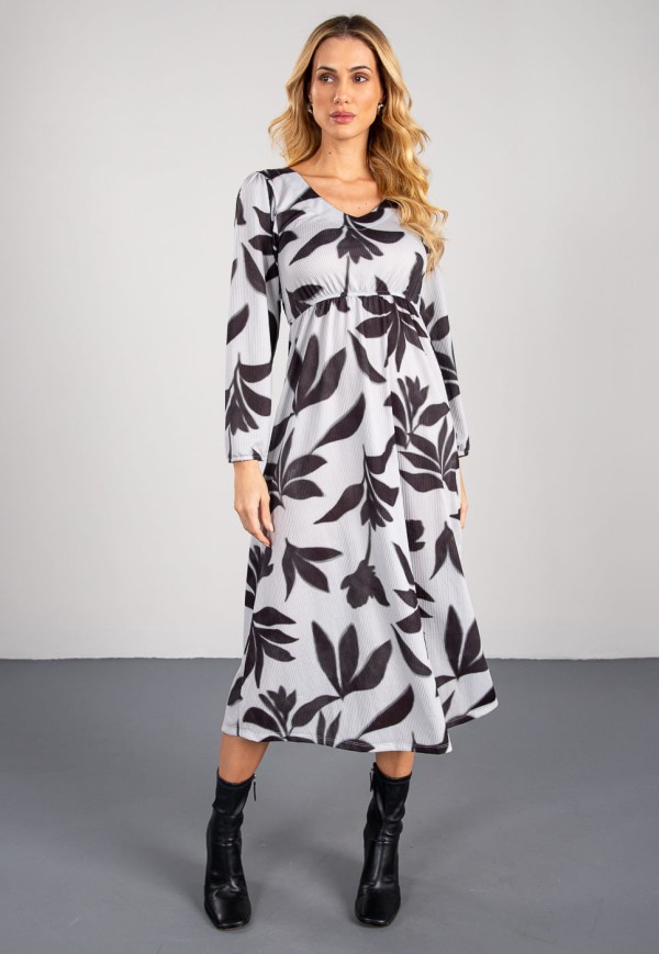 Encontraproduto.com.br - Vestido Midi Decote V em Tecido Texturizado Folhagem Preto e Off