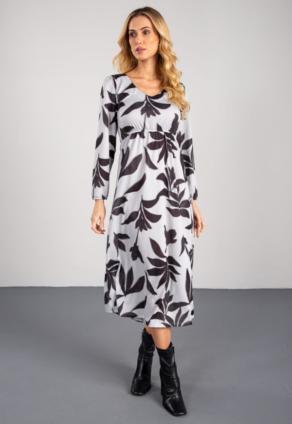 Encontraproduto.com.br - Vestido Midi Decote V em Tecido Texturizado Folhagem Preto e Off