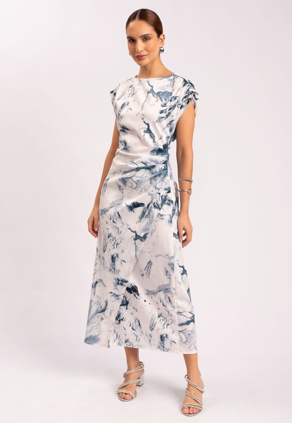 Vestido Drapeado em Tecido Acetinado Aquarelado Azul e Off White