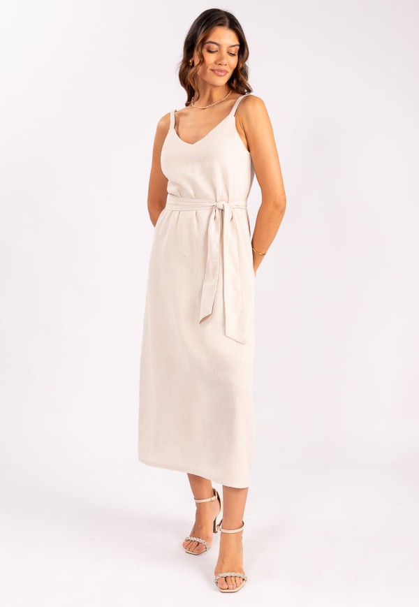 Encontraproduto.com.br - Vestido Midi com Amarração em Tecido Texturizado Bege Claro