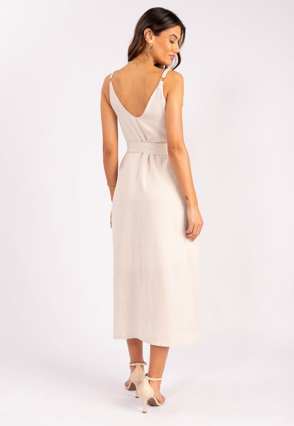 Encontraproduto.com.br - Vestido Midi com Amarração em Tecido Texturizado Bege Claro