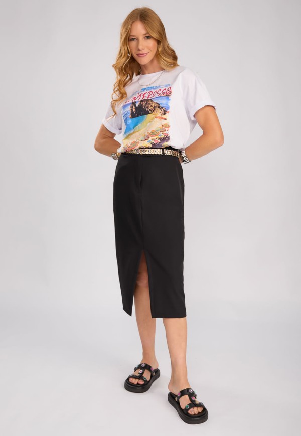 Encontraproduto.com.br - Saia Midi com Fenda em Alfaiataria Preto