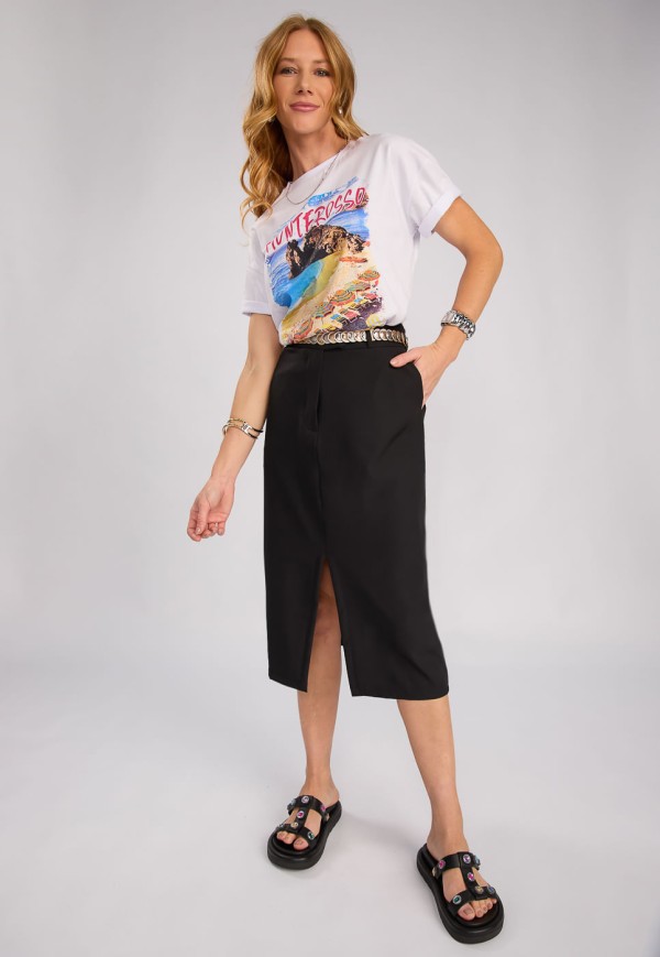 Encontraproduto.com.br - Saia Midi com Fenda em Alfaiataria Preto
