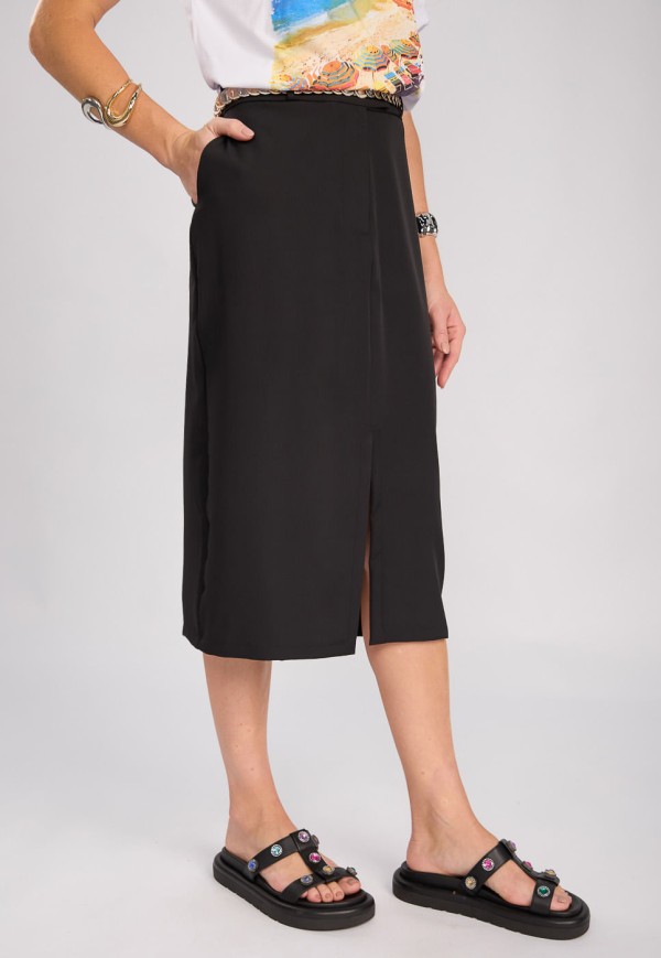 Encontraproduto.com.br - Saia Midi com Fenda em Alfaiataria Preto