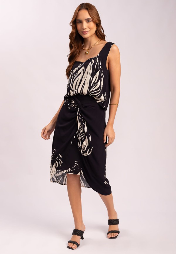 Encontraproduto.com.br - Saia Midi com Sobreposição em Viscose Abstrato Maxi Preto