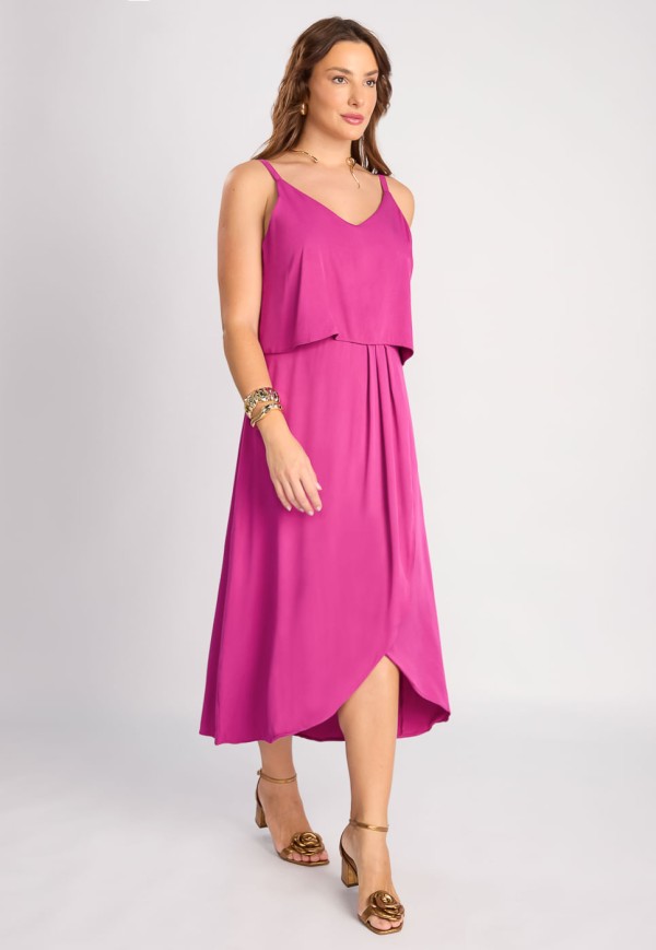Encontraproduto.com.br - Vestido Midi com Babado e Transpasse em Viscose Magenta