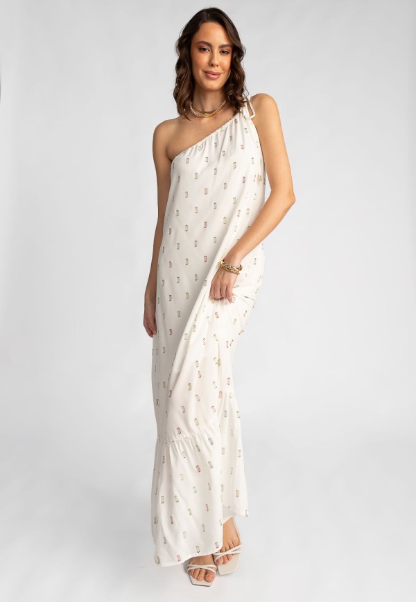 Encontraproduto.com.br - Vestido Longo Ombro Único em Tecido Plano com Brilho Off White