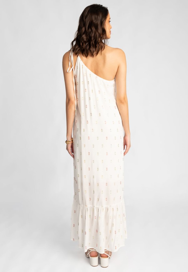 Encontraproduto.com.br - Vestido Longo Ombro Único em Tecido Plano com Brilho Off White