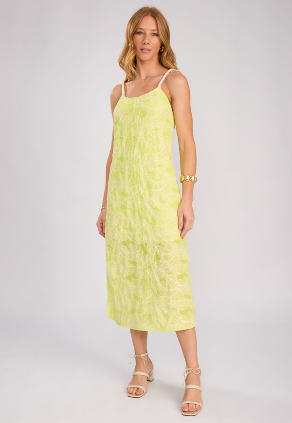 Vestido Midi com Bordados em Algodão Verde Cítrico