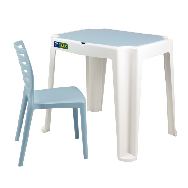 Encontraproduto.com.br - Conjunto Infantil de Mesa e Cadeira Tramontina Beni Azul em Polipropileno com Quadro de Atividades