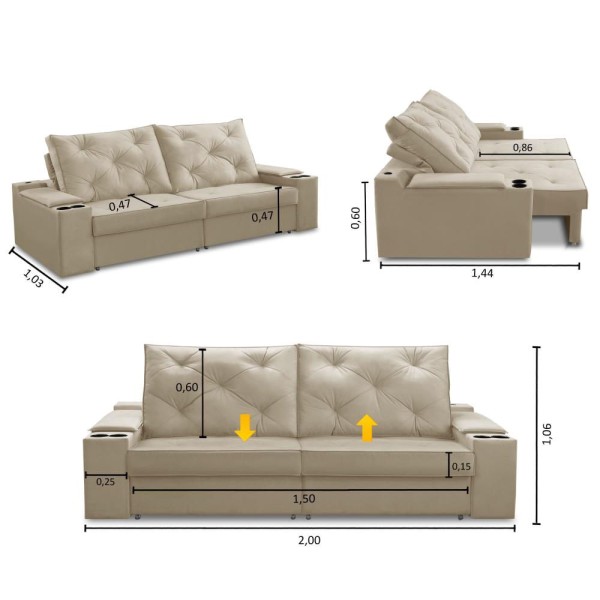 Encontraproduto.com.br - Sofá Retrátil Reclinável 3 lugares 2,00m com Porta Copos e USB Helena Suede Bege Adonai Estofados