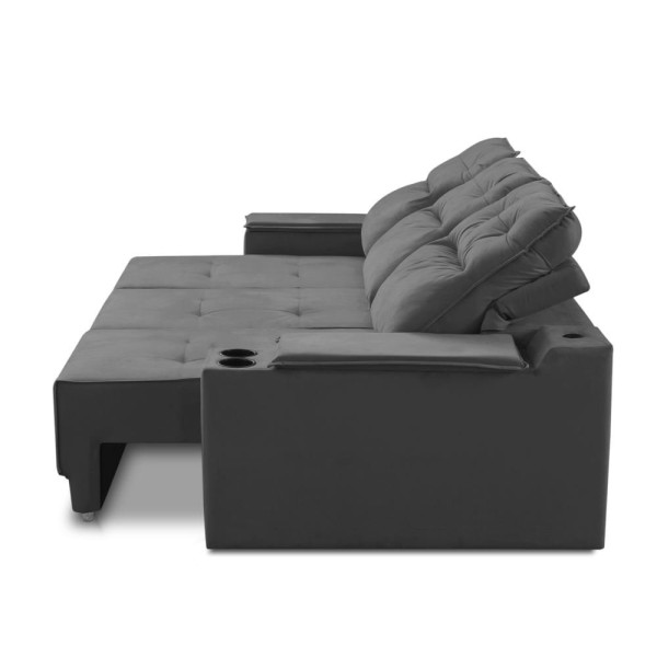 Encontraproduto.com.br - Sofá Retrátil Reclinável 3 lugares 2,30m com Porta Copos e USB Hannah Suede Cinza Adonai Estofados