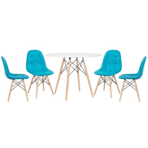 Mesa Redonda Eames 100 Cm Branco + 4 Cadeiras Estofadas Eiffel Botonê Azul Tiffany Azul Tiffany