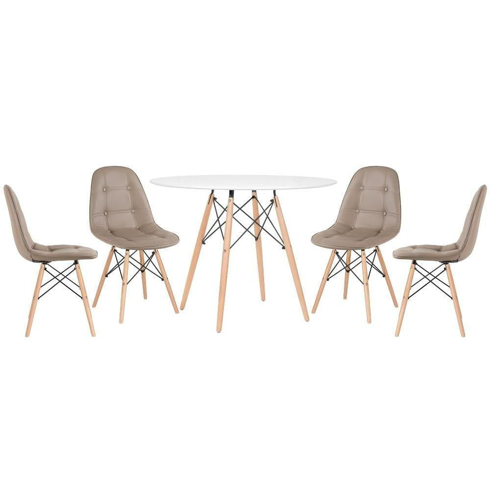 Mesa Redonda Eames 100 Cm Branco + 4 Cadeiras Estofadas Eiffel Botonê Nude Nude