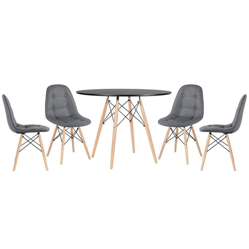 Mesa Redonda Eames 100 Cm Preto + 4 Cadeiras Estofadas Eiffel Botonê Cinza Escuro Cinza Escuro