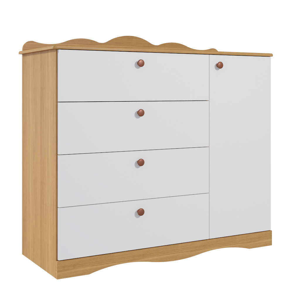 Encontraproduto.com.br - Cômoda Infantil Permóbili Encanto com 4 Gavetas e 1 Porta - Nature/Branco