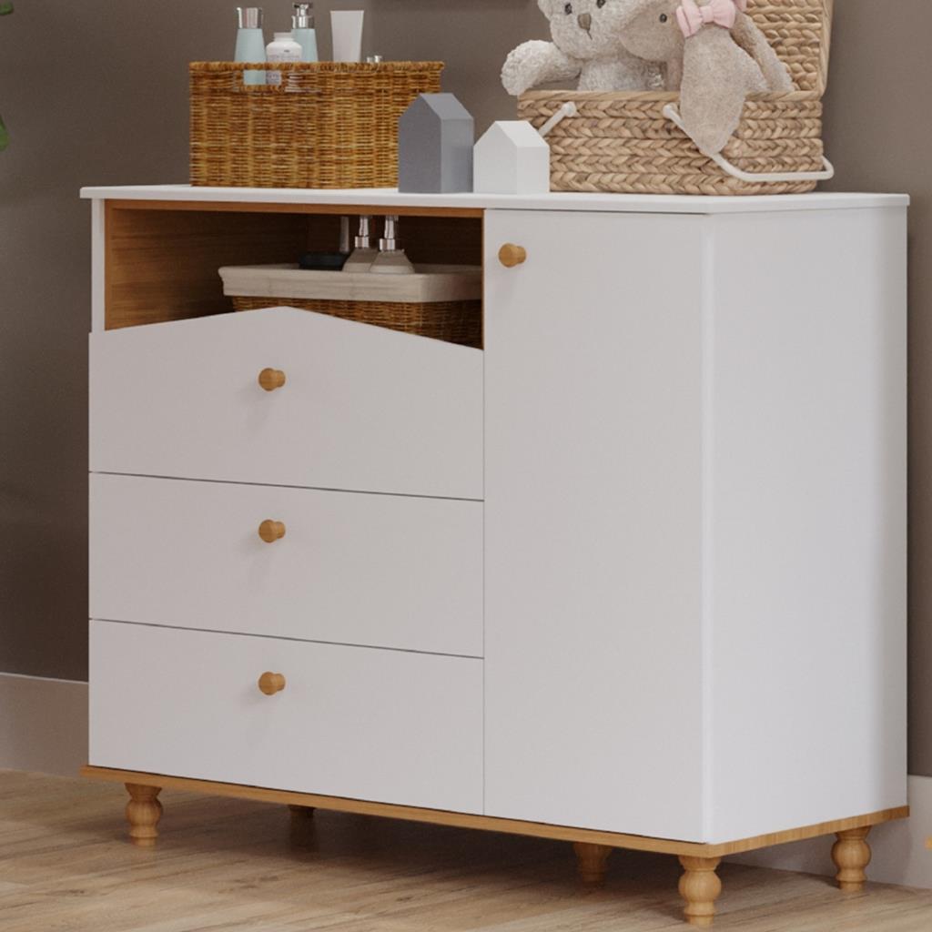 Encontraproduto.com.br - Cômoda Bebê 3 Gavetas 1 Porta Casinha Dengo Permobili