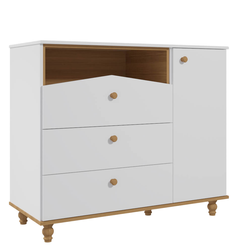 Encontraproduto.com.br - Cômoda Infantil Permóbili Casinha com 3 Gavetas e 1 Porta - Branco/Nature