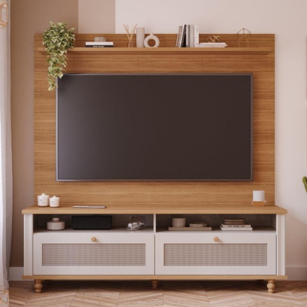 Estante Home P/ Tv Até 70 Polegadas 100% MDF 2 Portas Nichos e Prateleiras Lavanda Permobili Off White/Nature