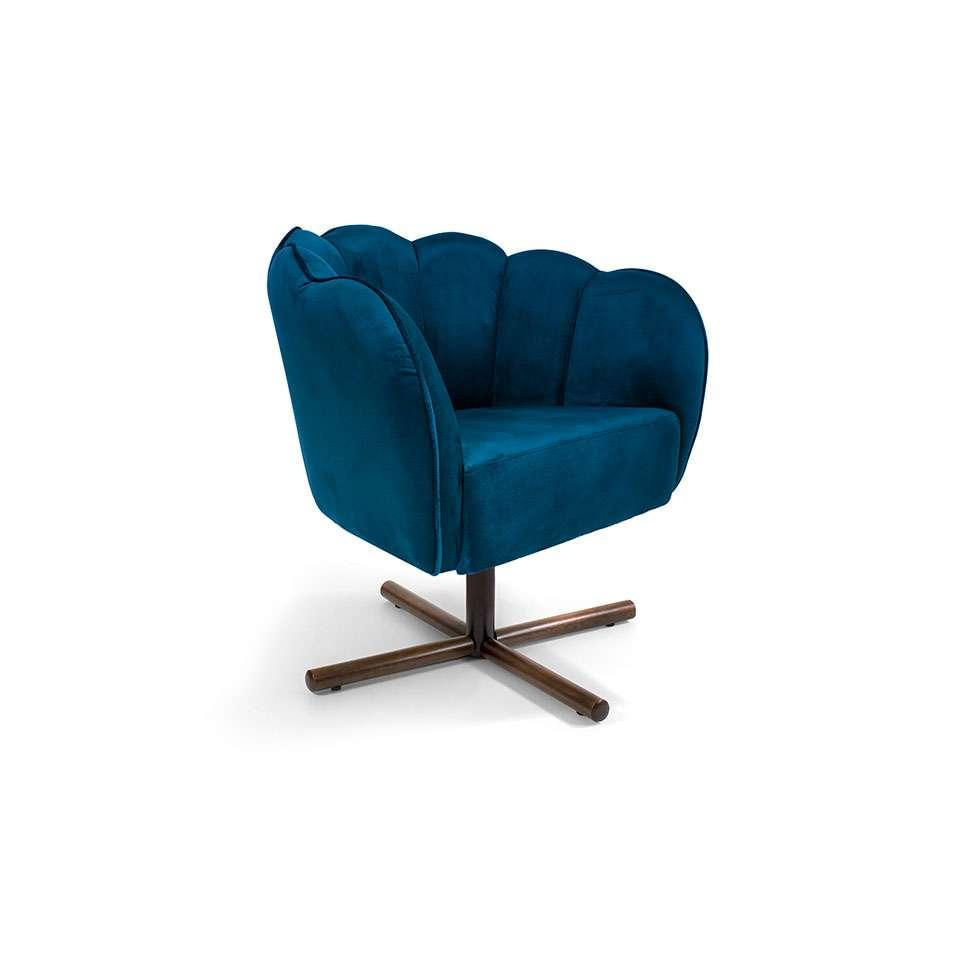 Poltrona Ariel Giratória Veludo Azul e Castanho