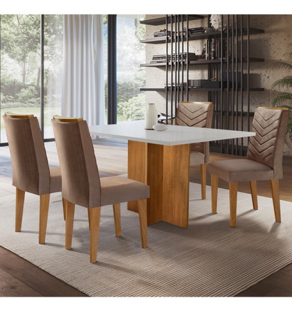 Mesa Olivia em Mdf Com 4 Cadeiras Creme, Off White e Imbuia