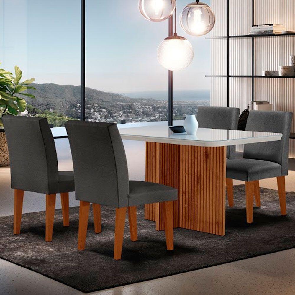 Mesa Olimpia 120 Mdf Vidro Canto Copo Com 4 Cadeiras