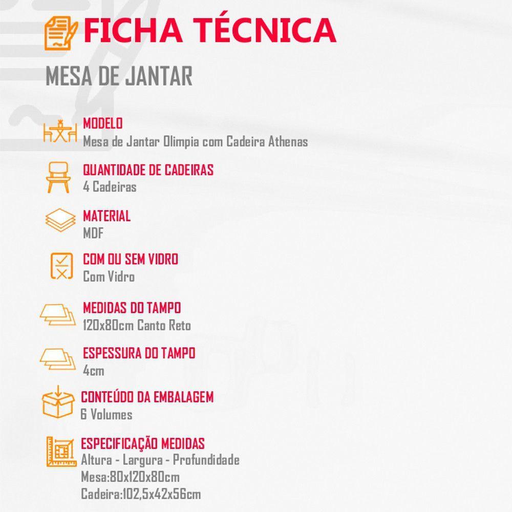 Encontraproduto.com.br - Sala de Jantar Mesa Olimpia 120CM MDF Vidro Canto Reto com 4 Cadeiras Athenas Moderna