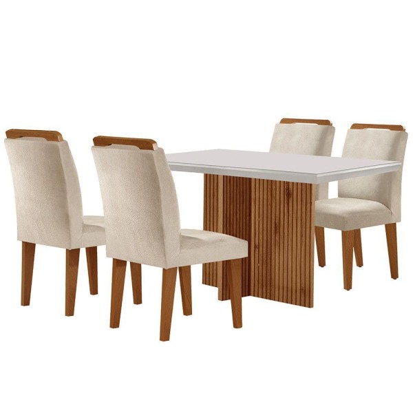 Encontraproduto.com.br - Sala de Jantar Mesa Olimpia 120CM MDF Vidro Canto Reto com 4 Cadeiras Athenas Moderna