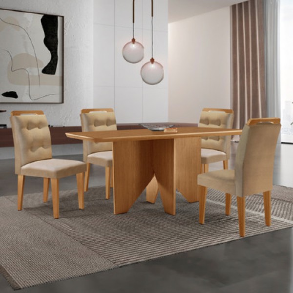 Encontraproduto.com.br - Mesa Evora 120 MDF Canto Copo E Com 4 Cadeiras Carol Veludo Capuccino Naturalle