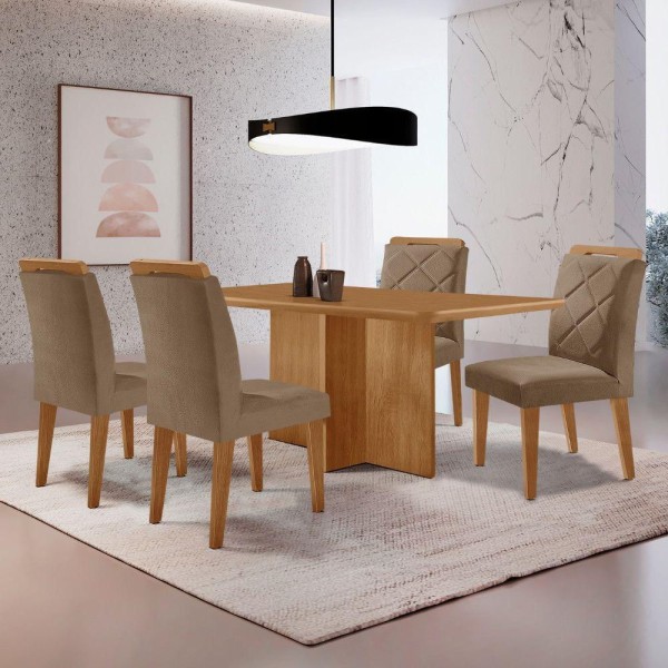 Mesa Olimpia 120 Mdf Canto Copo E Com 4 Cadeiras Melissa Veludo Capuccino/naturalle/naturalle