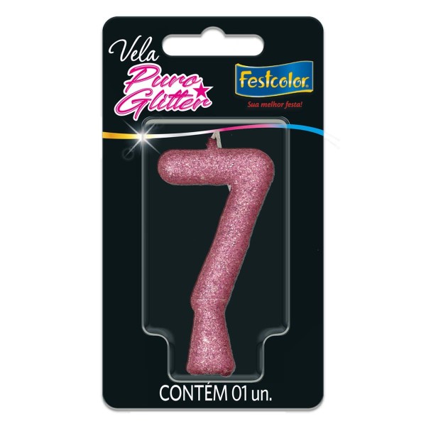 Vela Puro Glitter Nº7 Festcolor Rosa (MP)