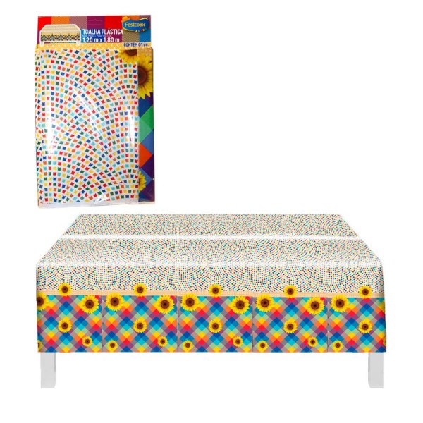 Encontraproduto.com.br - Enfeite Festa Junina Tolha de Mesa Impermeável Plástica Xadrez com Girassol -