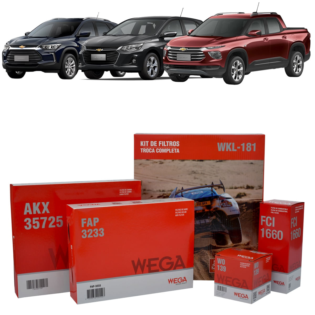 Encontraproduto.com.br - Kit de Filtros Wega  Chevrolet Onix Plus|Montana|Tracker - Motores 3 cilindros