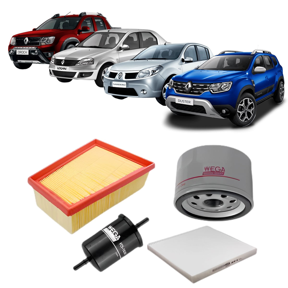 Encontraproduto.com.br - Kit de Filtros Wega  Renault Logan Sandero  Duster e Oroch 1.6 e 2.0 16v 2011 Até 2017