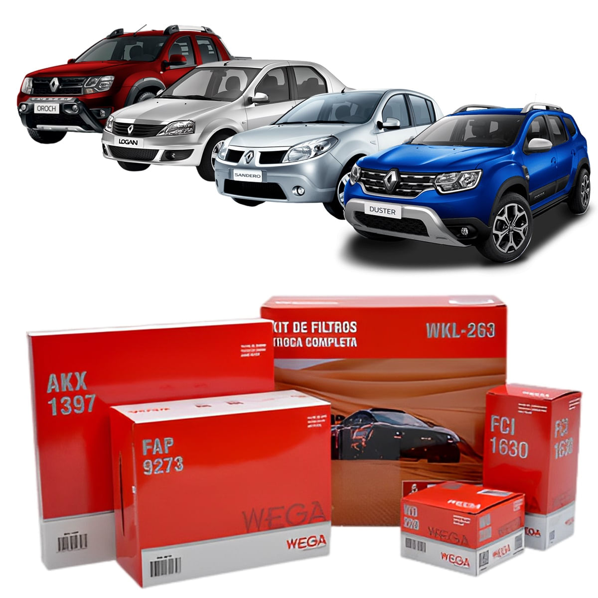 Encontraproduto.com.br - Kit de Filtros Wega  Renault Logan Sandero  Duster e Oroch 1.6 e 2.0 16v 2011 Até 2017