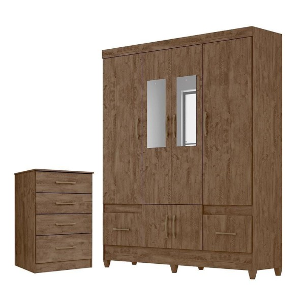 Conjunto Guarda Roupa Com Espelho E Cômoda Gokyo Castanho Wood