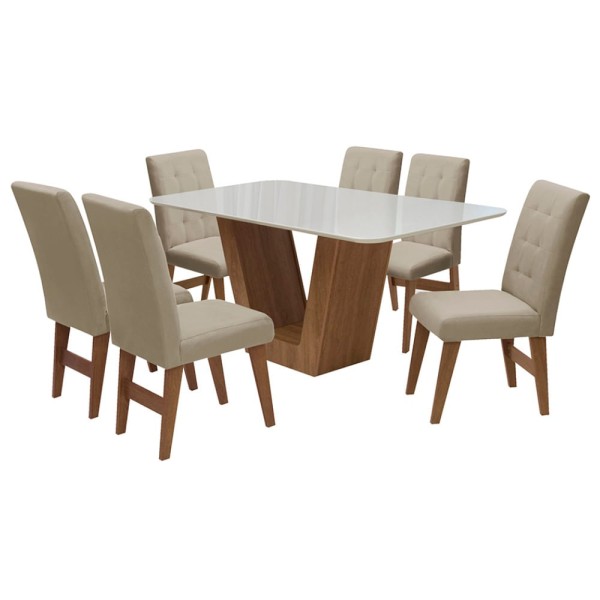 Encontraproduto.com.br - Conjunto Mesa de Jantar Safira com 06 Cadeiras Agata 160cm Cedro/Branco Off/Bege - ADJ DECOR
