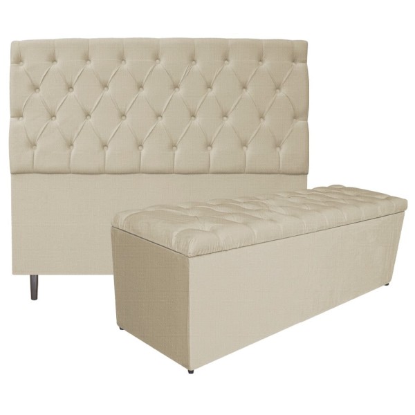 Kit Cabeceira e Calçadeira Liverpool 140 cm Casal Linho Bege - ADJ Decor