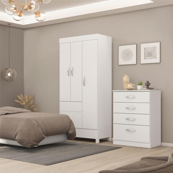 Encontraproduto.com.br - Jogo De Quarto Roupeiro E Comoda Smith Branco Rosa