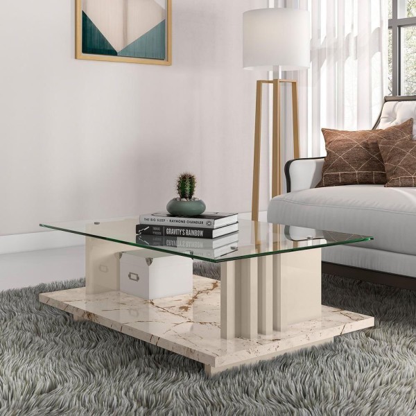 Encontraproduto.com.br - Mesa De Centro Com Vidro Parma Calacata Off-white