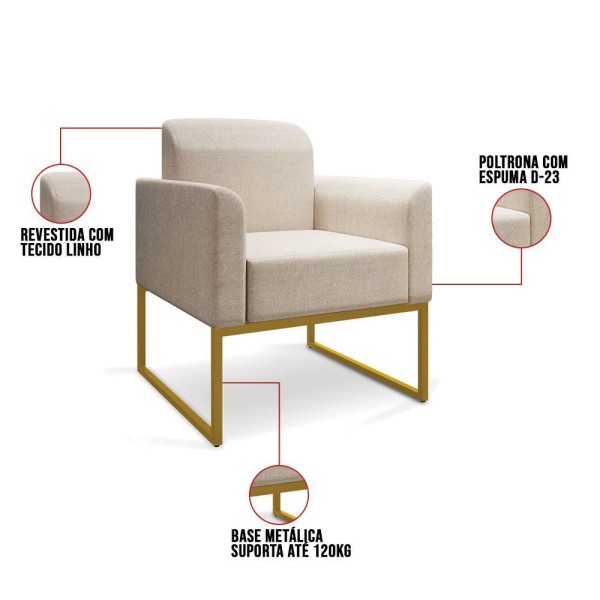 Encontraproduto.com.br - Poltrona Marisa Linho Areia A27 Base Industrial Metálica Dourado - Drossi