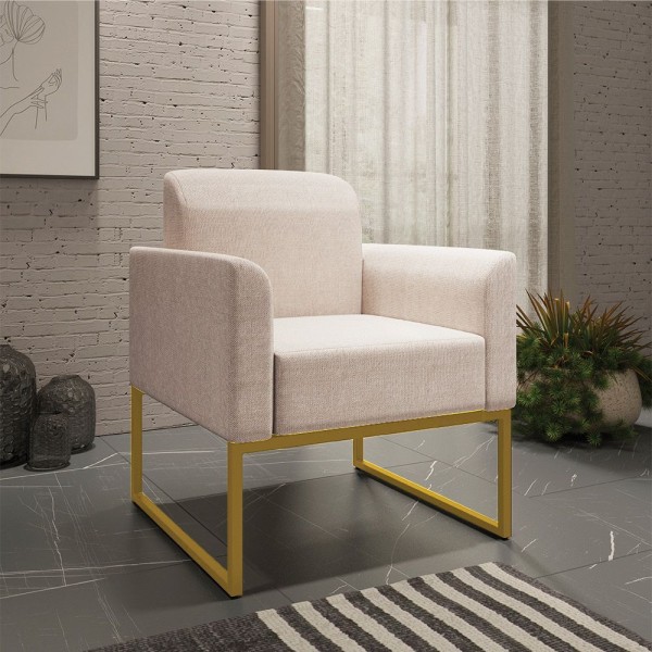 Encontraproduto.com.br - Poltrona Marisa Linho Areia A27 Base Industrial Metálica Dourado - Drossi