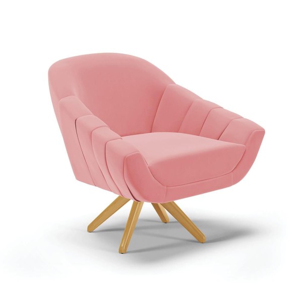 Kit 01 Namoradeira Giovana Pés Palito Natural e 02 Poltronas Giratória Giovana Suede Rosê Base Madeira MA30 - DRossi